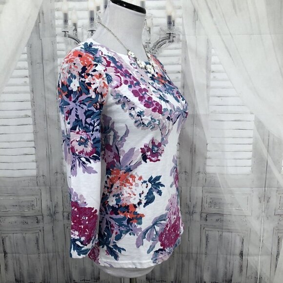 Joules Top US 2 Floral Striped 3/4 Sleeve Shirt White Pink 100% Cotton Pullover - Picture 3 of 12